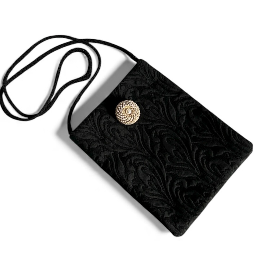 Vintage Damask Cloth Black Evening Bag Purse Crossbody with Pearl Brooch Accent